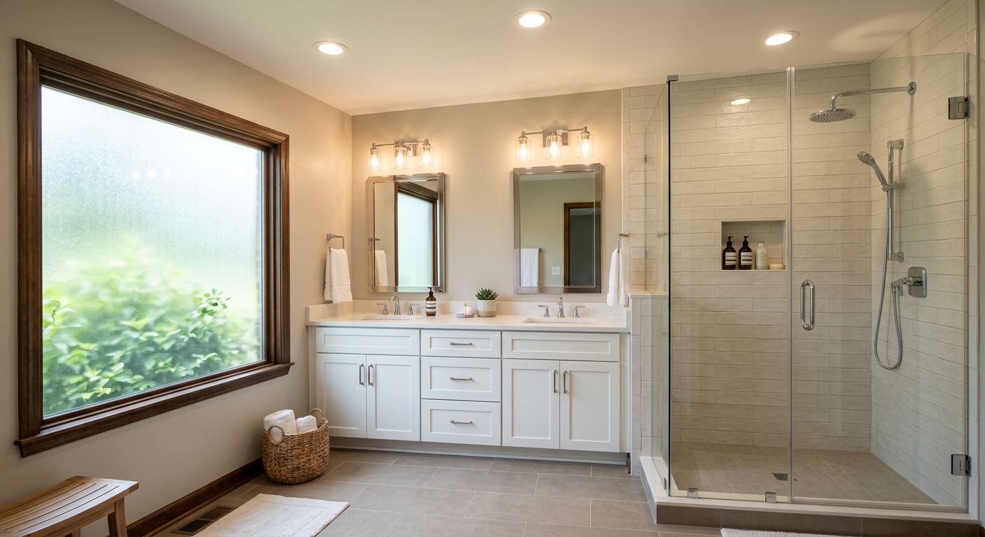 Bright, remodeled North Alabama bathroom with a walk-in shower, double vanity with drawer storage, and layered vanity lighting