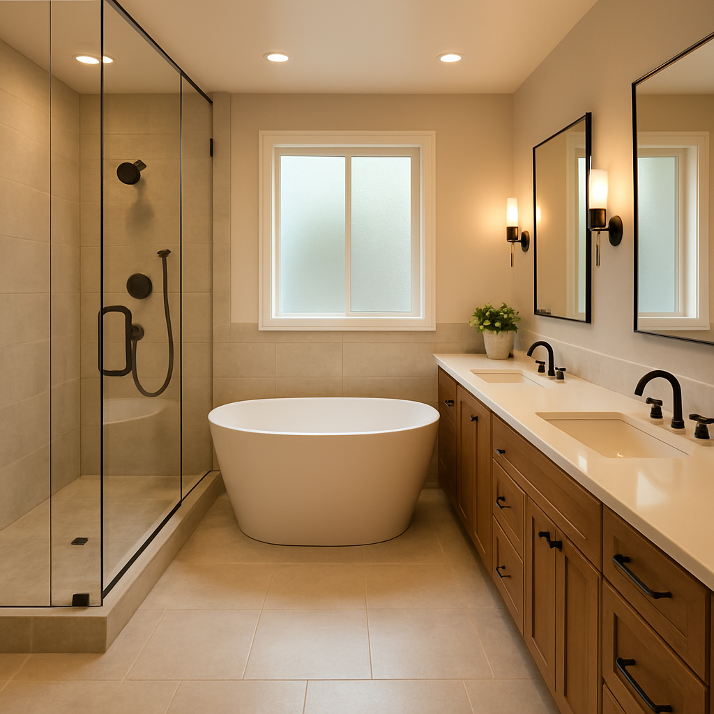 Luxury bathroom remodel with walk-in tile shower and freestanding soaking tub
