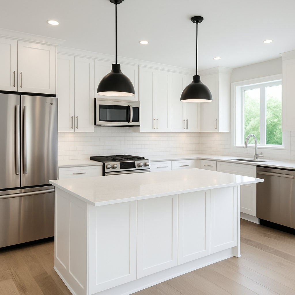 Remodeled kitchen with white shaker cabinets, quartz countertops, and a center island