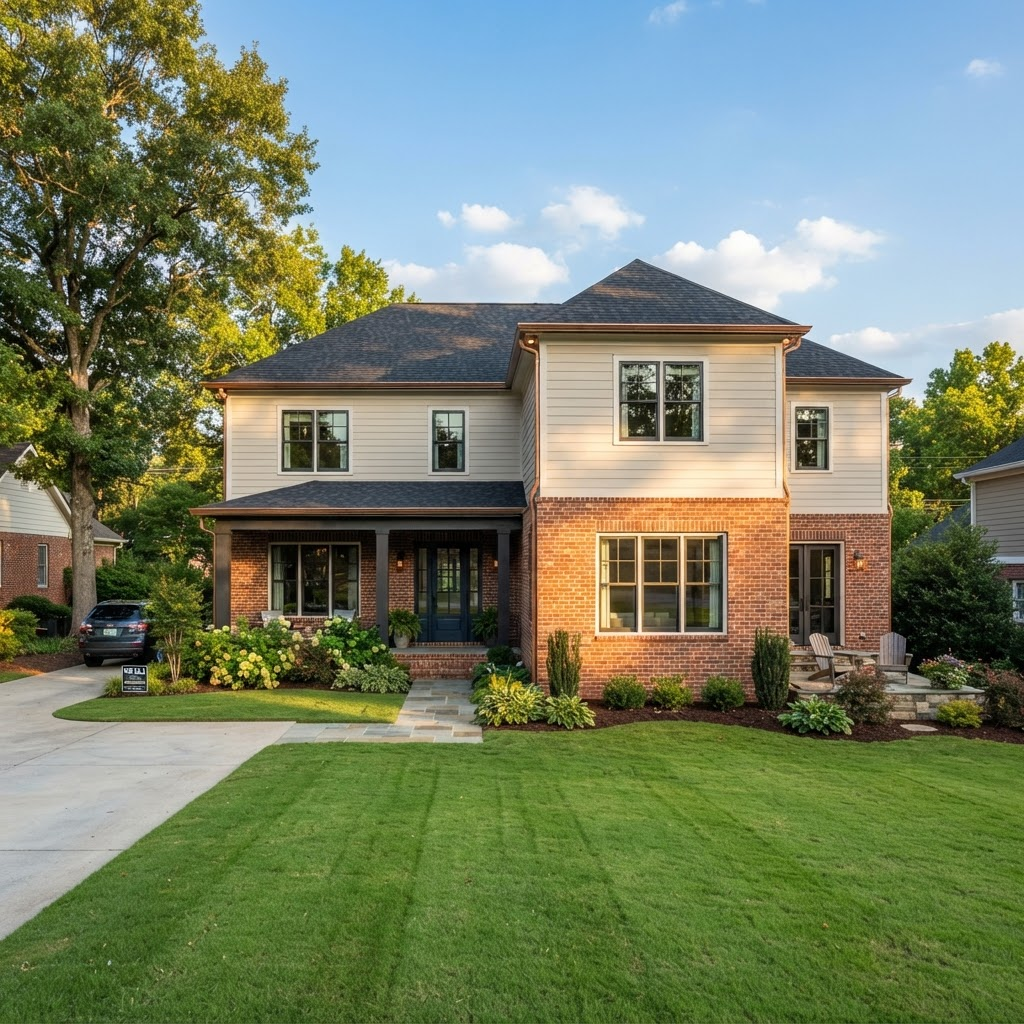 Two-story North Alabama home with a newly built room addition matching the existing brick and siding